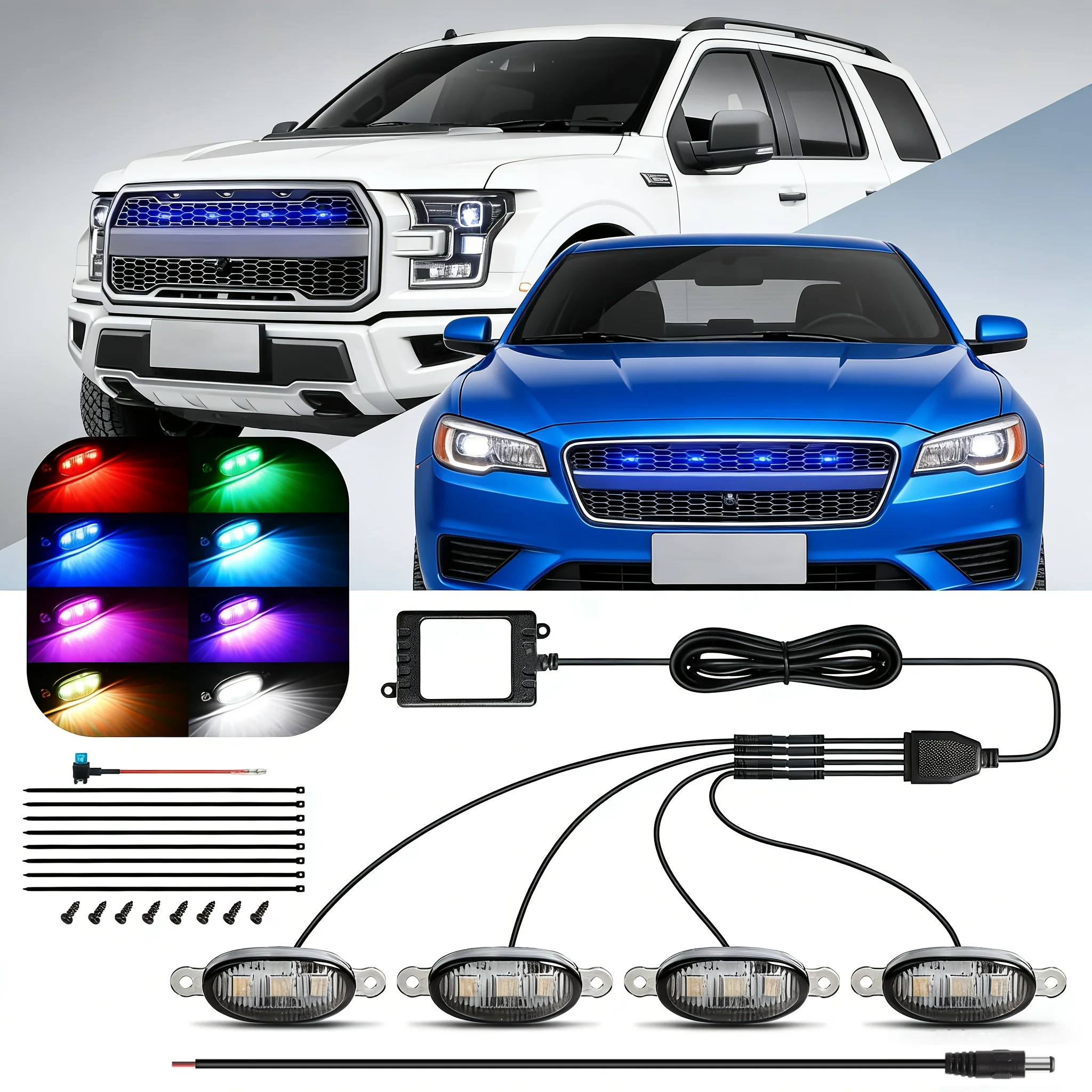 

LED Grille Lights with App 7 Colorful Control, DIY Rgb Grille Atmosphere Light Kit, Front Grille Light/Drl for Pickup Truck Suv