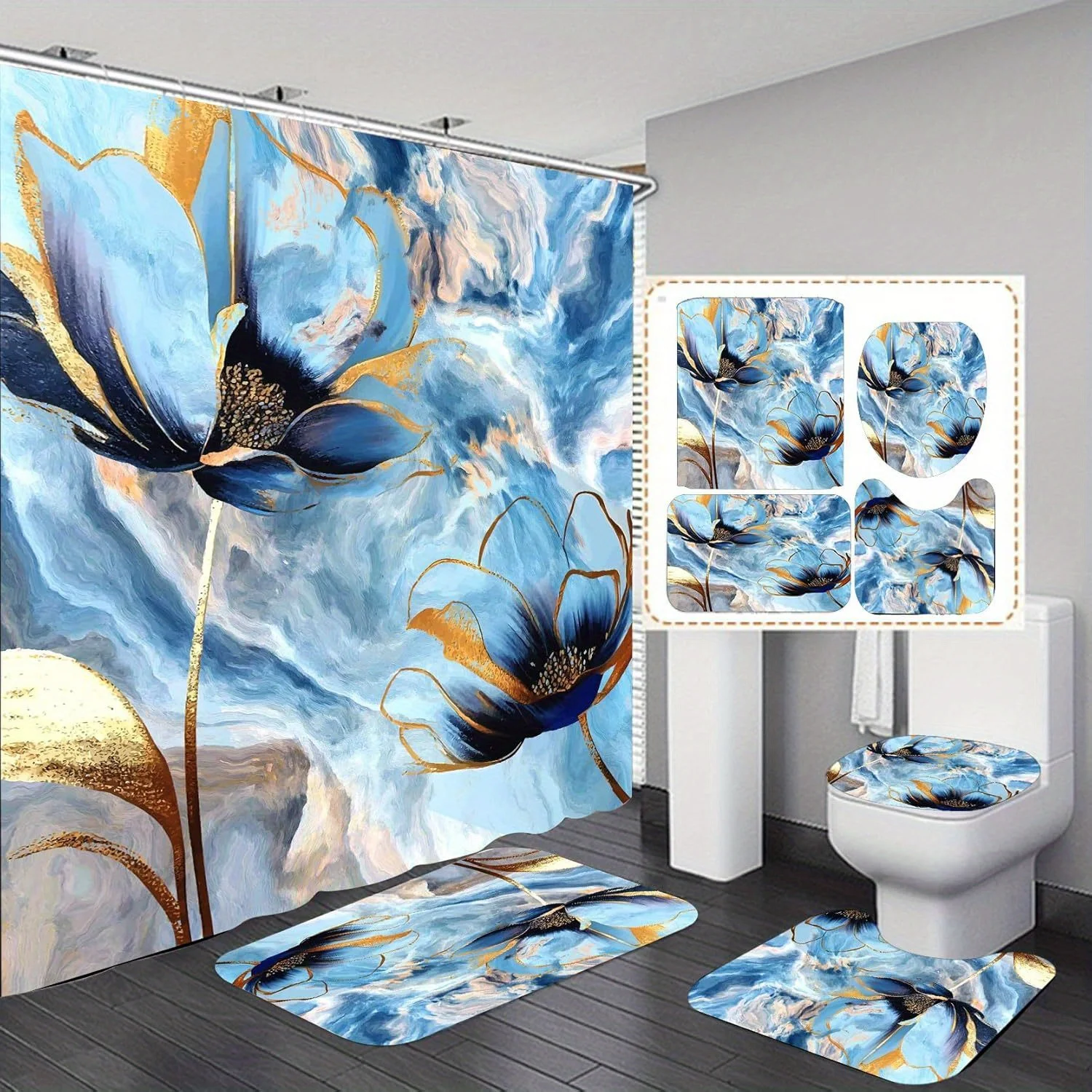 

4pcs Valentine's Day Decoration Blue Floral Shower Curtain Set, Home Decor with 12 Hooks, Non-Slip Bathroom Rug, Toilet U-Shap