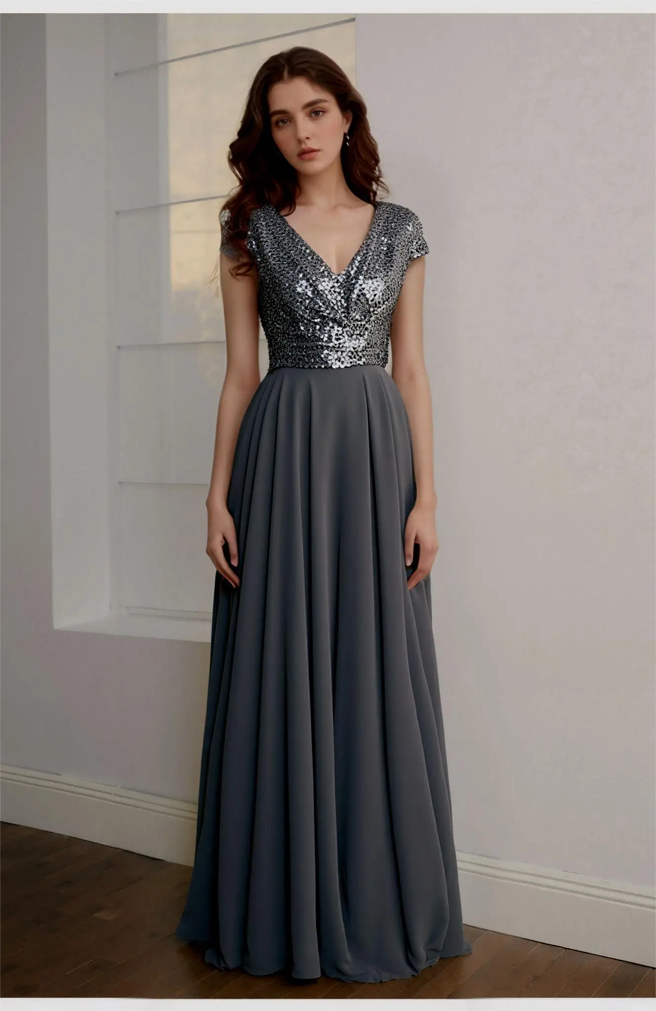 Summer New V-neck Sequined Chiffon Stitching Evening Dress Long Dress Concert Wedding Bridesmaid Dress Sweet A-line Skirt Gown
