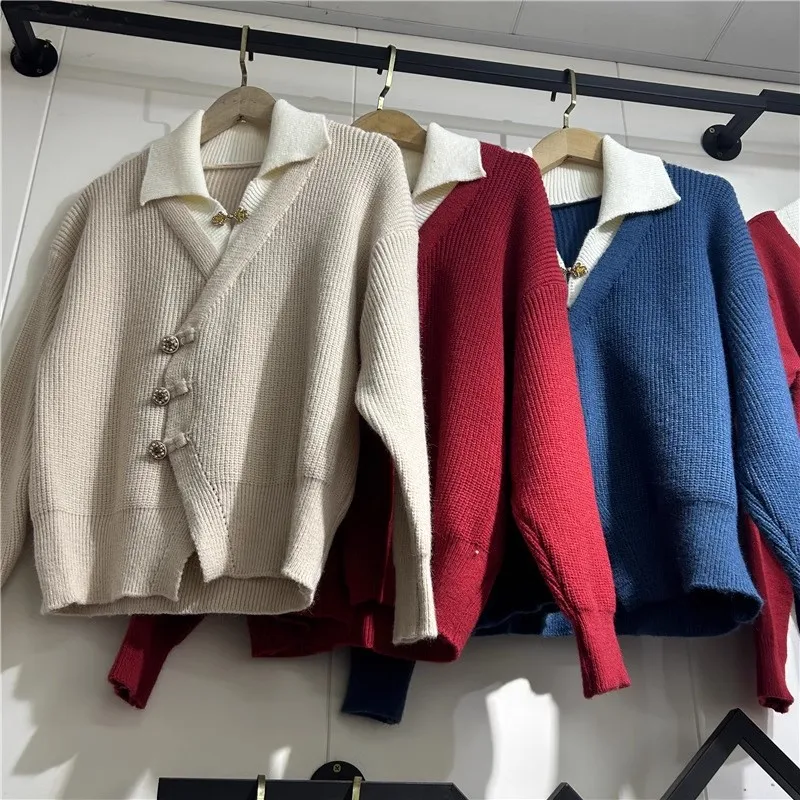 2025 Spring Autumn New Fake Two-Piece Knitt Sweater Splicing Cardigan Women Temperament Casual Knitwear Sweaters Ladies Top W706