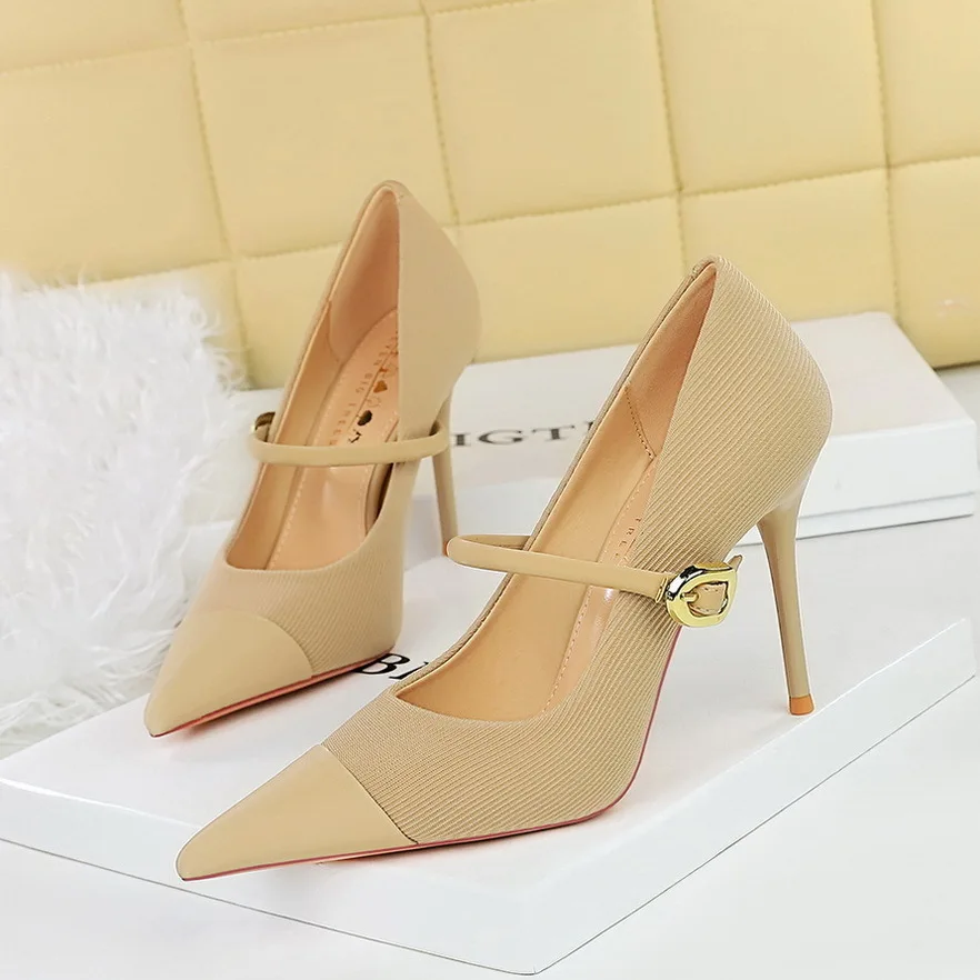 

Korean Fashion Banquet High Women's Slim Heels Shallow Mouth Corduroy Spliced Pointed One Piece Strap Single Shoes Women Pumps