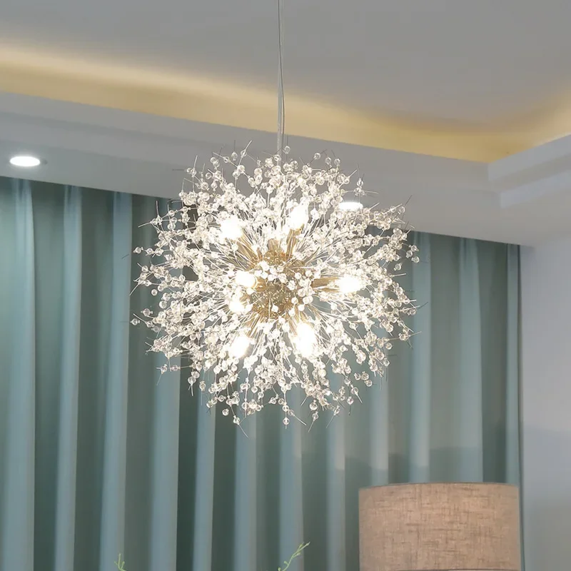 Modern Crystal Dandelion LED Chandelier Lighting Spark Ball Pendant Lamp LED Hanging Restaurant Bedroom Suspension Light Fixture