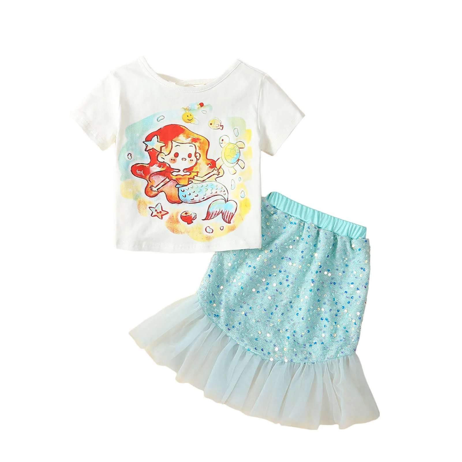 Girl Mermaid Shirts and Skirt Set with Mermaid Pattern Shirt and Tulle Tail Skirt Suitable for Holiday Birthday