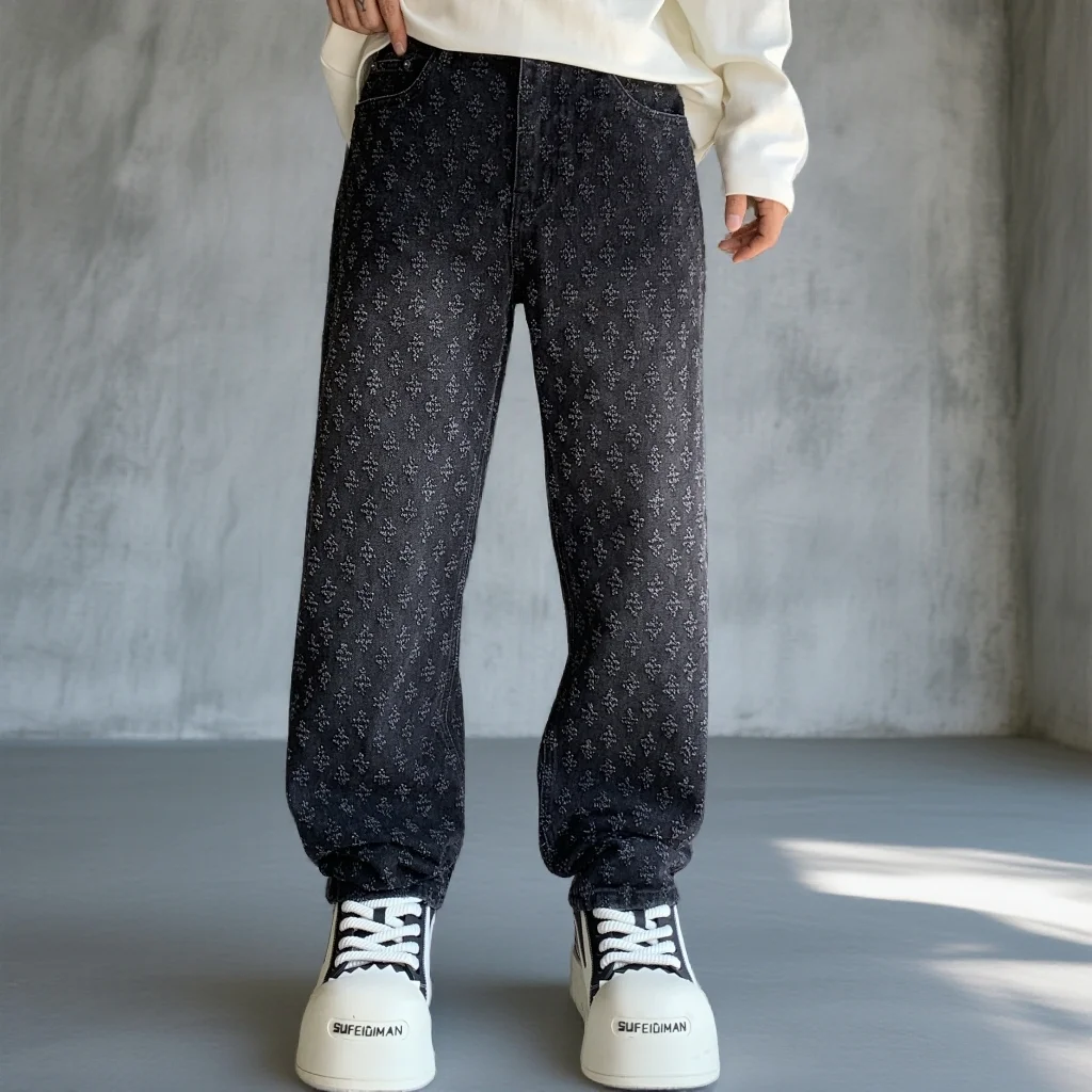 

New 2026 Men's Loose Straight Leg Bla Waed Jeans American Sle Distred Casual Cotton Denim Pants ex Faion