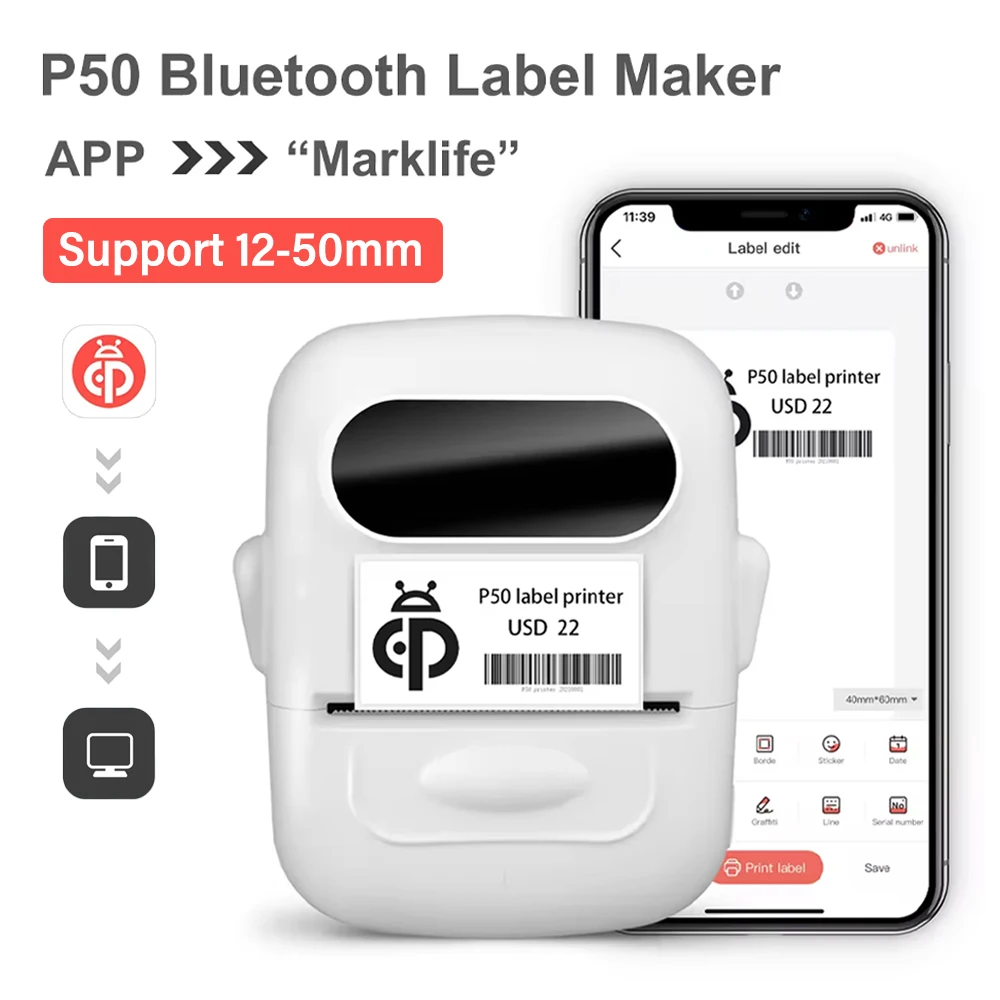 

Мини-принтер для этикеток Marklife P50, поддержка 12-50 мм, портативный термопринтер, принтер для клейких этикеток, наклейки, этикетировочная машина