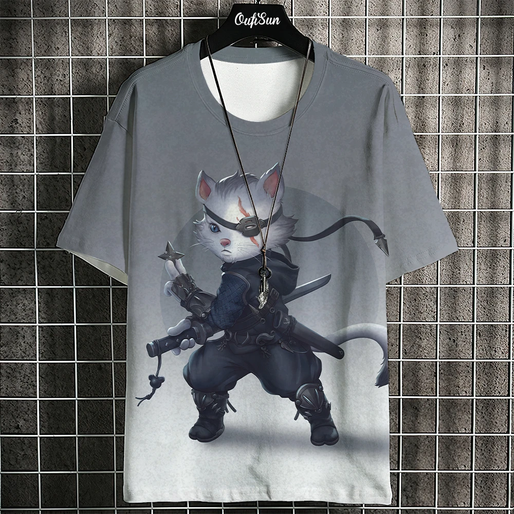 Samurai Cat T-Shirt For Men Summer Trendy Japanese Short Sleeve Tees Oversized Streetwear Casual Sweatshirt Male Clothing Tops