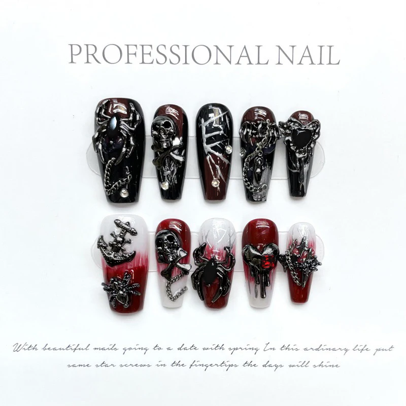

10 шт. Y2k носимые накладные ногти ручной работы, жертвенное кровью, Хэллоуин, пресс на темном цвете, полное покрытие, накладные маникюрные кончики ногтей