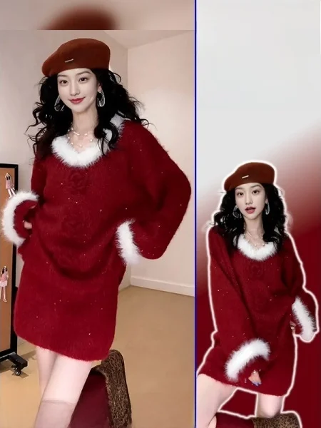 

Комплект: вязаный свитер с 3D цветами и юбка больших размеров, красный, для полных женщин, весенний, модный, элегантный