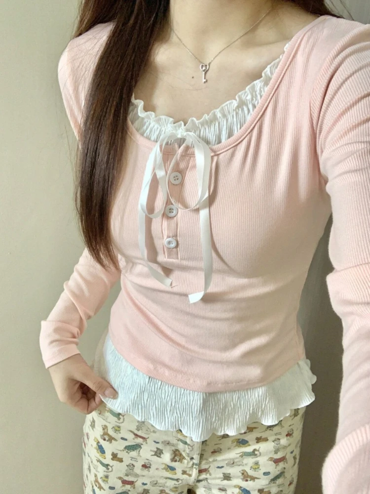 Fake Two Piece Crop Tops Tees Summer Patchwork Long Sleeve Bow Design Aesthetics T Shirts for Women Y2k Female Slim Clothing