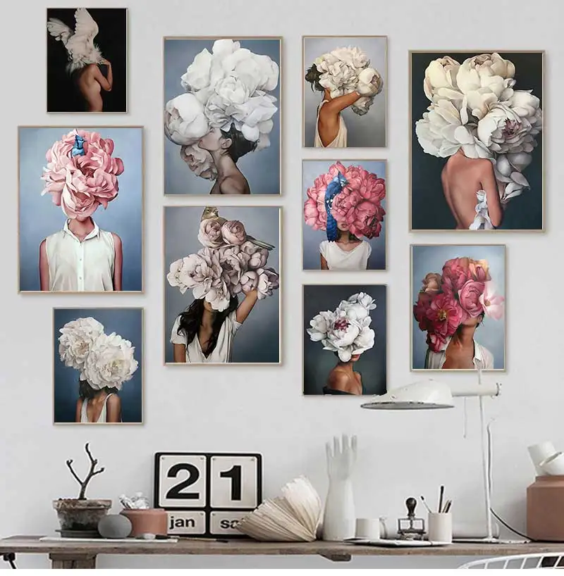 Decorative Painting Living Room Home Decoration Flowers Feathers Woman Abstract Canvas Painting Wall Art Print Poster Picture