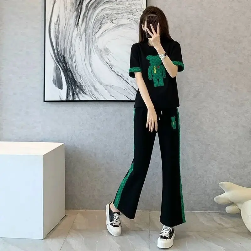 Women\'s Casual Korean Sweat Suits Spring Summer New Fashion Clothes Short Sleeved T-shirt Tops And Pants 2 Two Piece Sets Female