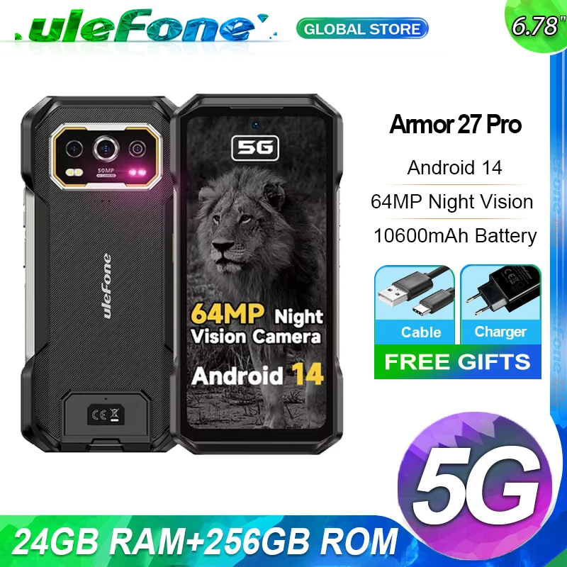 Ulefone Armor 27 Pro,24 Гб + 256 Гб,5G Rugged,10600 мАч,6.78'' Display,64MP Night Vision,33W,NFC,Android 14,глобальная версия