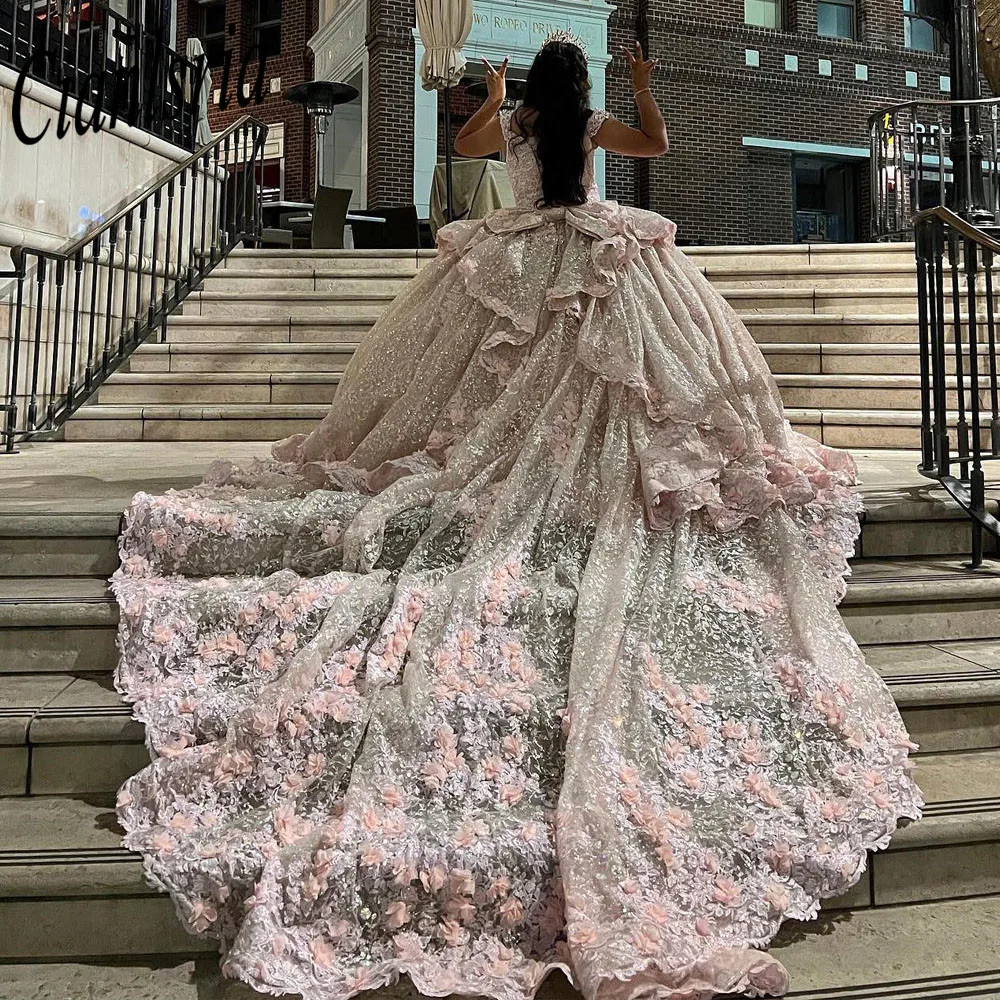 Apliques de renda rosa frisada vestido de baile, vestido de princesa doce, vestidos Quinceanera, 15 anos, mexicano, 15 anos