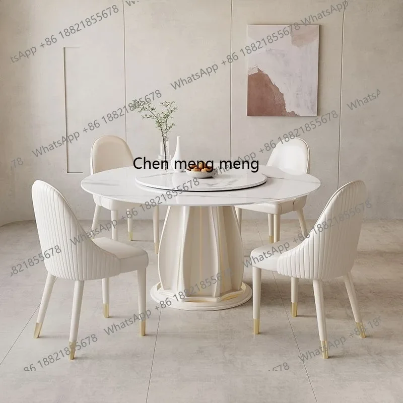 E153 Solid wood rock slab dining table Modern simple round table with turntable round table All solid wood