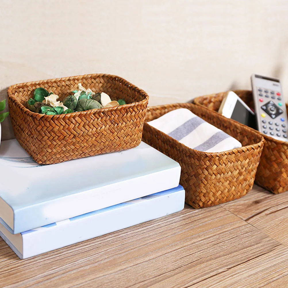 

Seagrass Woven Basket Desktop Storage Box Large Capacity for Cosmetics Books Sundry Storage Organizer Woven Basket
