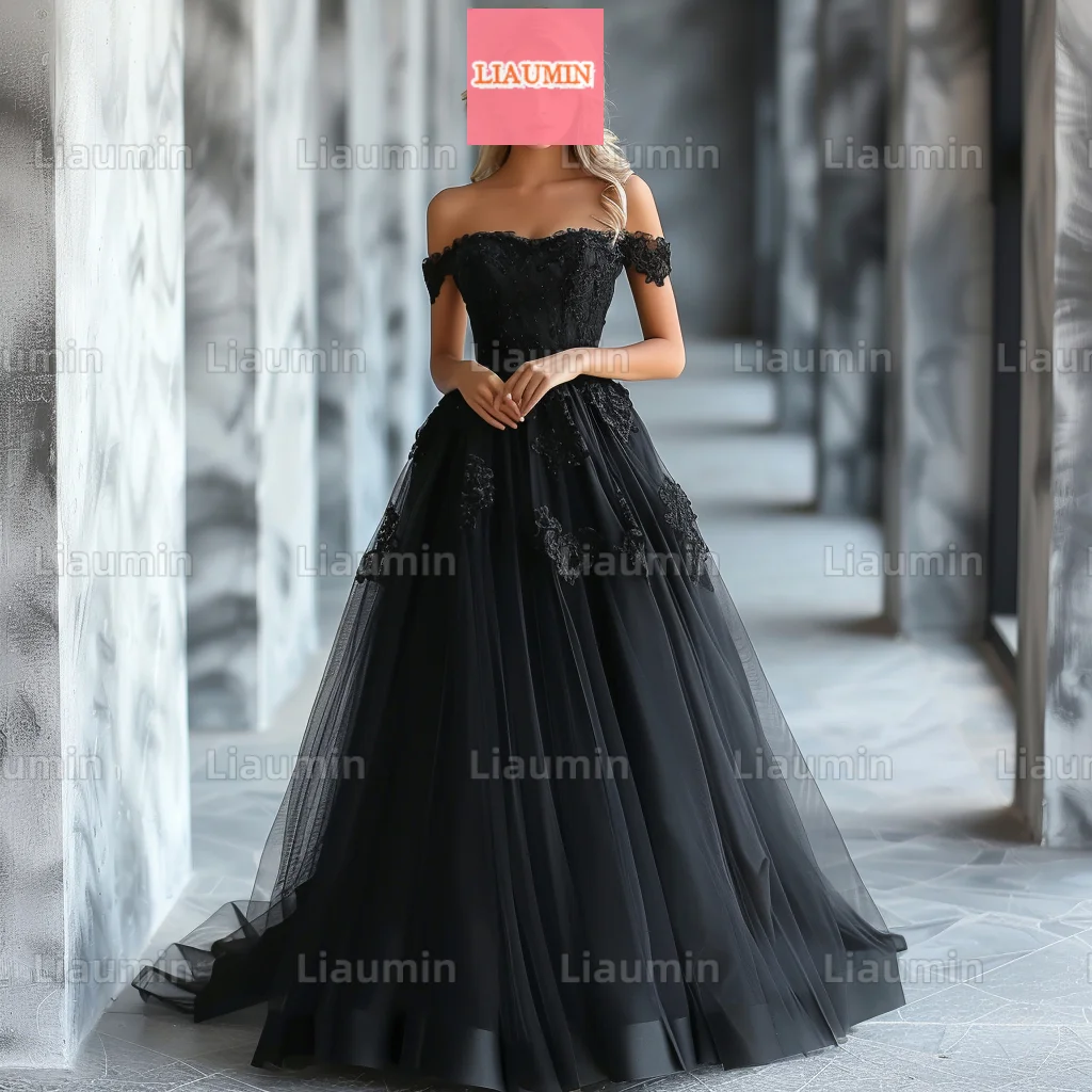 

Custom Made Simple A Line Black Tulle With Black Lace Applique Off The Shoulder Evening Prom Dresses Full Length Formal W17-1.5