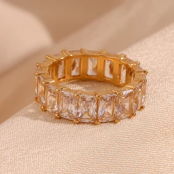 E.B.belle Tarnish Free 18K Gold Plated Shiny Square Zircon Ring 316L Stainless Steel Transparent Waterproof Women's ring