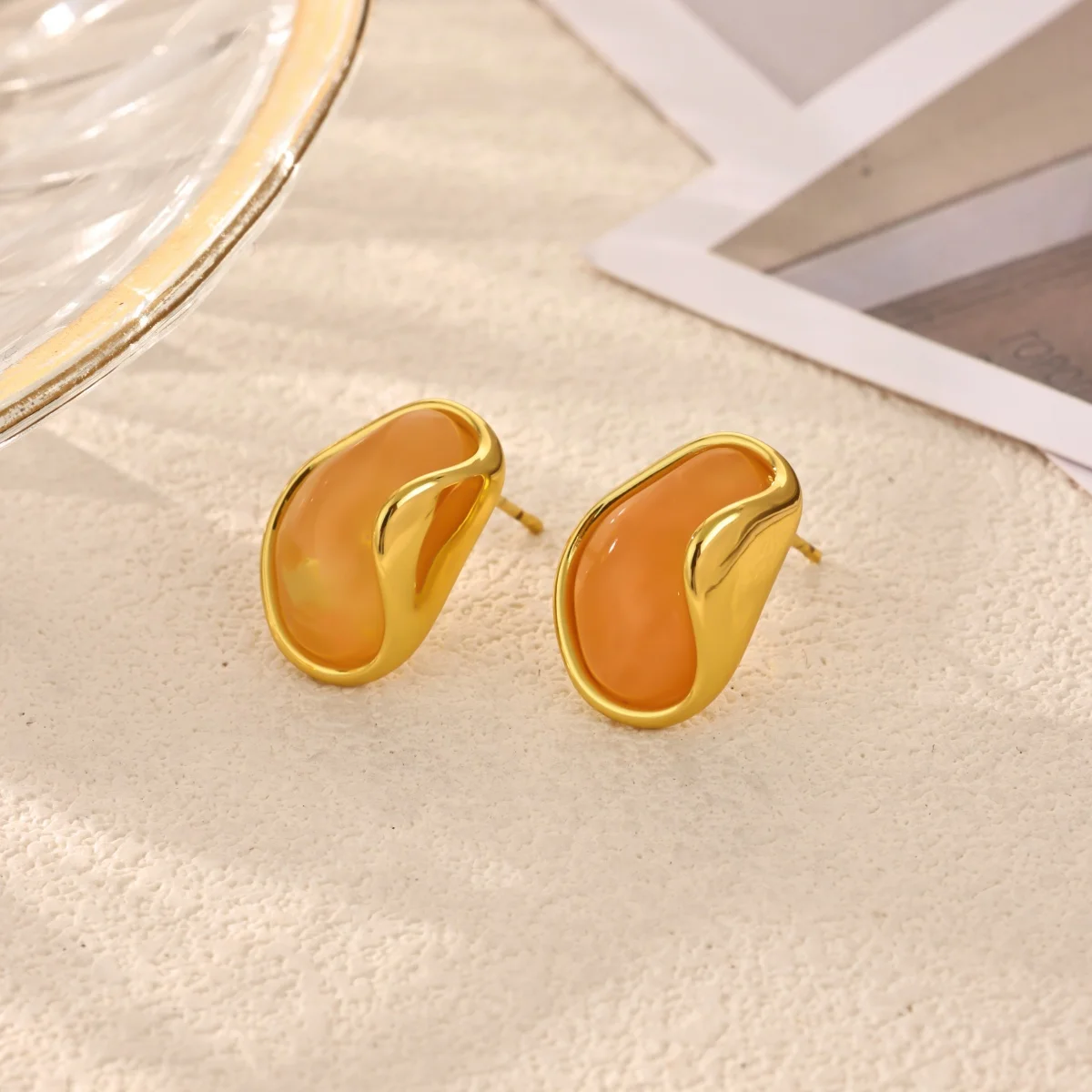 Minimalist Irregular Oval Stone Stud Earrings For Women Gold Color Stainless Steel Earrings Trendy Daily Wear Jewelry Gift