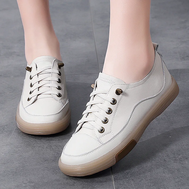 Genuine Leather Women Soft Sole Walking Shoes Girl Student Jooging Sneaker White Black Flats Female Casual Skate Trainers Summer