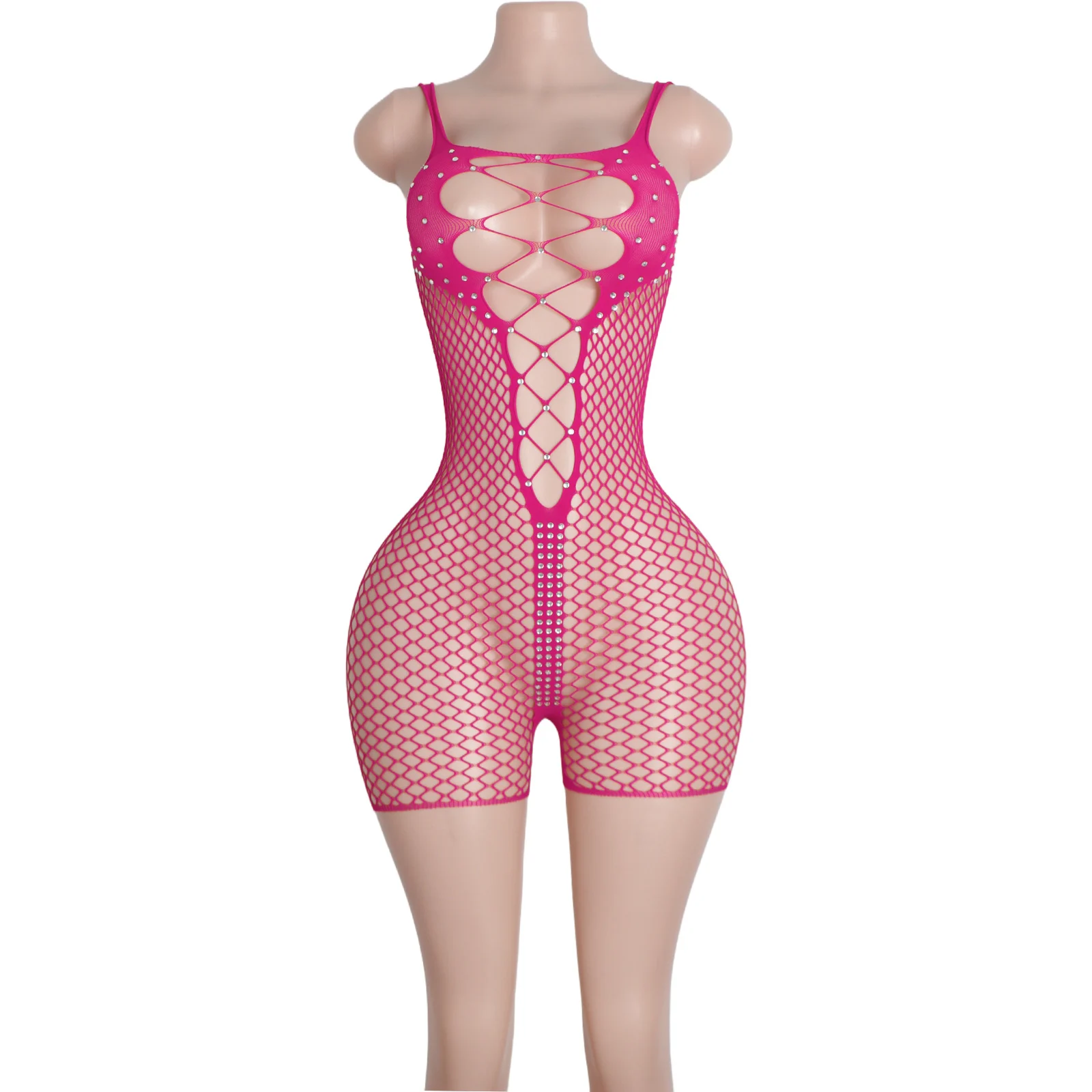 

Women Exotic Dancewear Rhinestone Shorts Sheer Overlay Cutouts Trendy Fishnet Performance Apparel for Clubwear And Stylish Looks