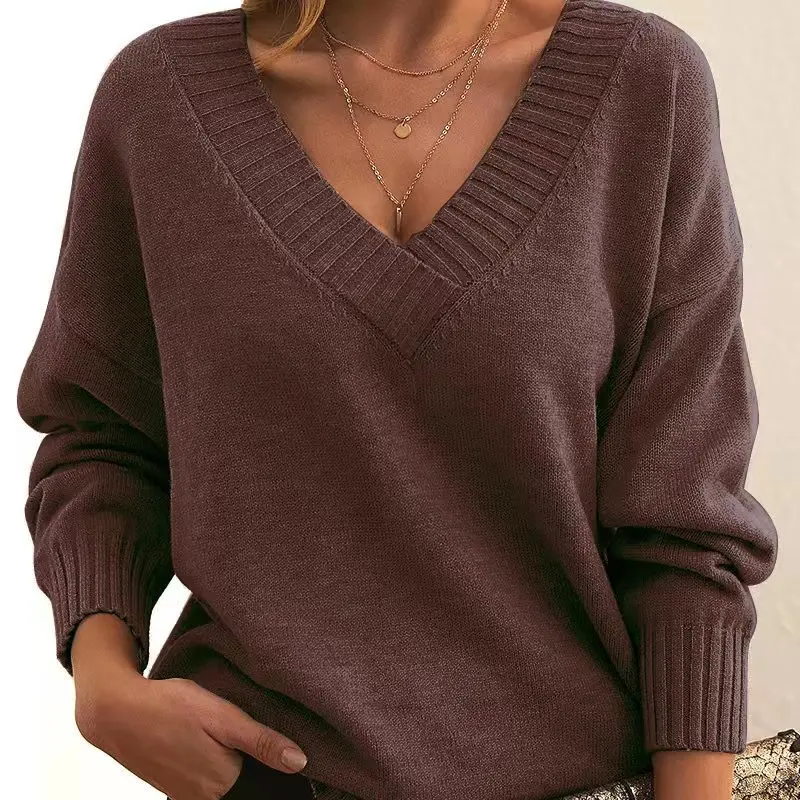 Autumn Winter New Sweater Top Women's Knited Pullover Loose Sweater Women's Fashion Long Sleeve V-neck Solid Color Sweater