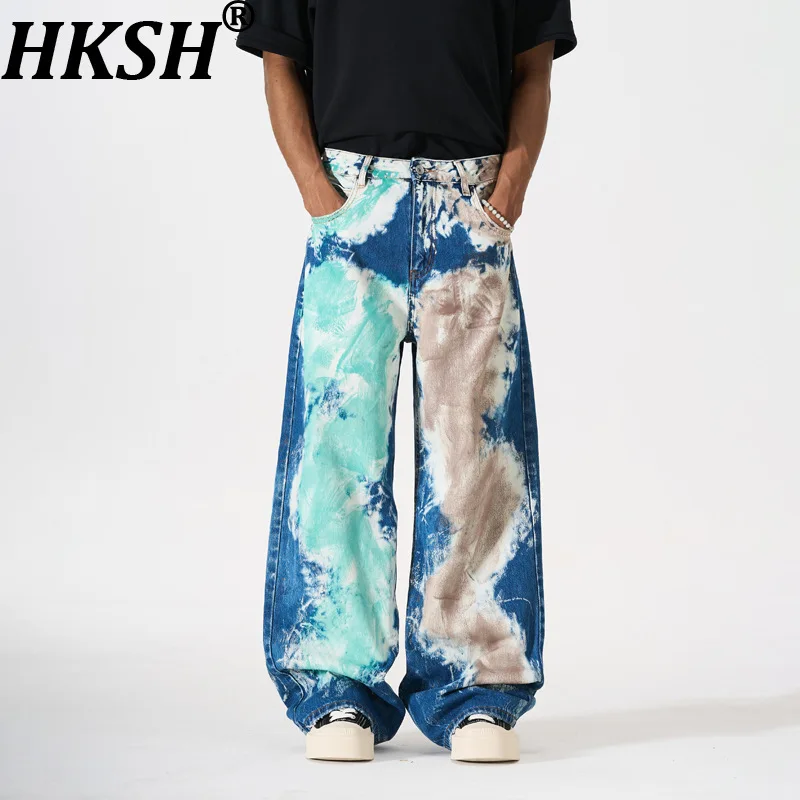 Calça Jeans HKSH Nova Coleção Primavera Masculina e Feminina Estilo Punk Hip Hop Americano Tie-dye Degradê Grafite Perna Larga Moda High Street HK2085