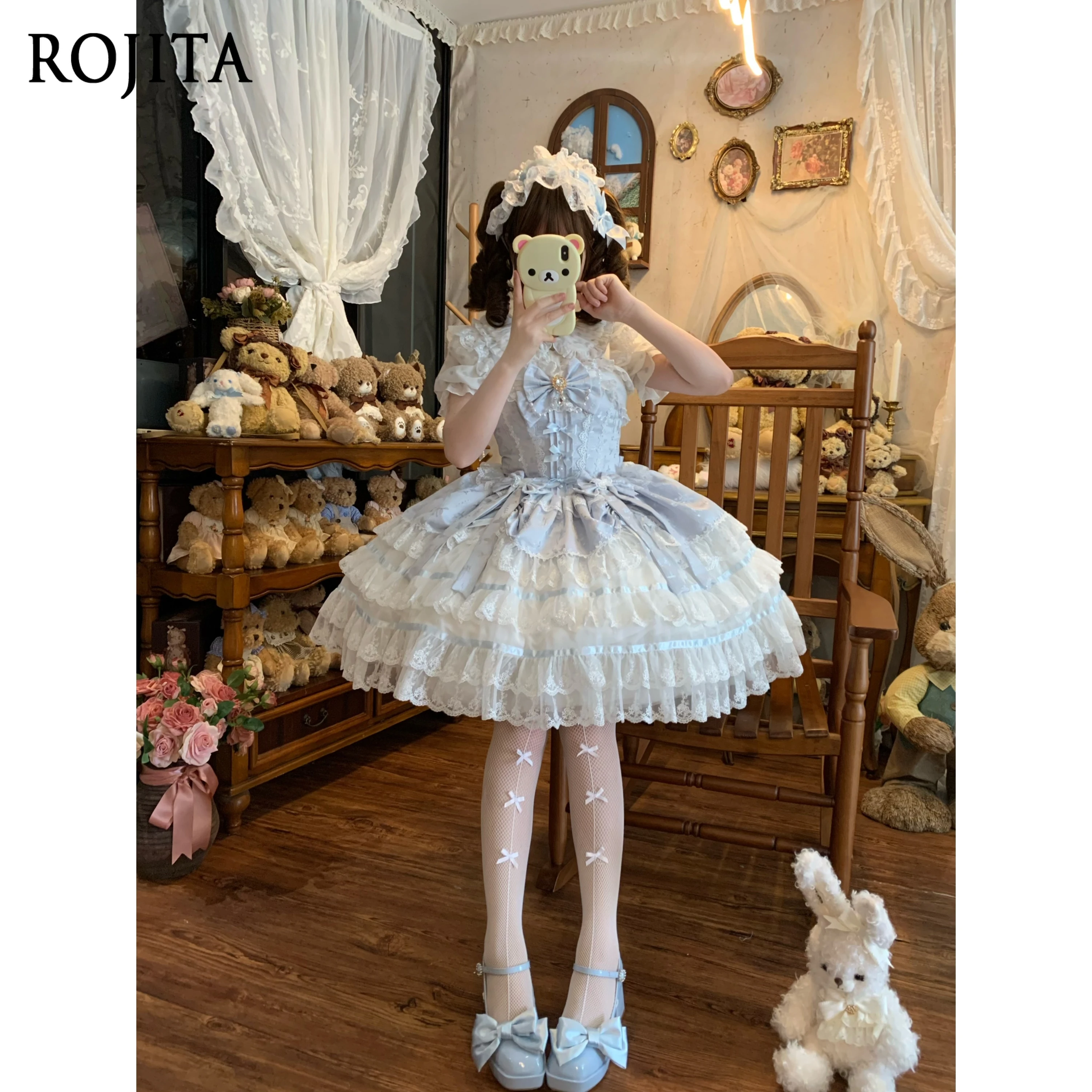 Gaun Lolita Biru Gaya Balet dengan Pita Manis JSK Gaun Tali untuk Wanita 2025 Gaun Kue Renda Jepang Baru