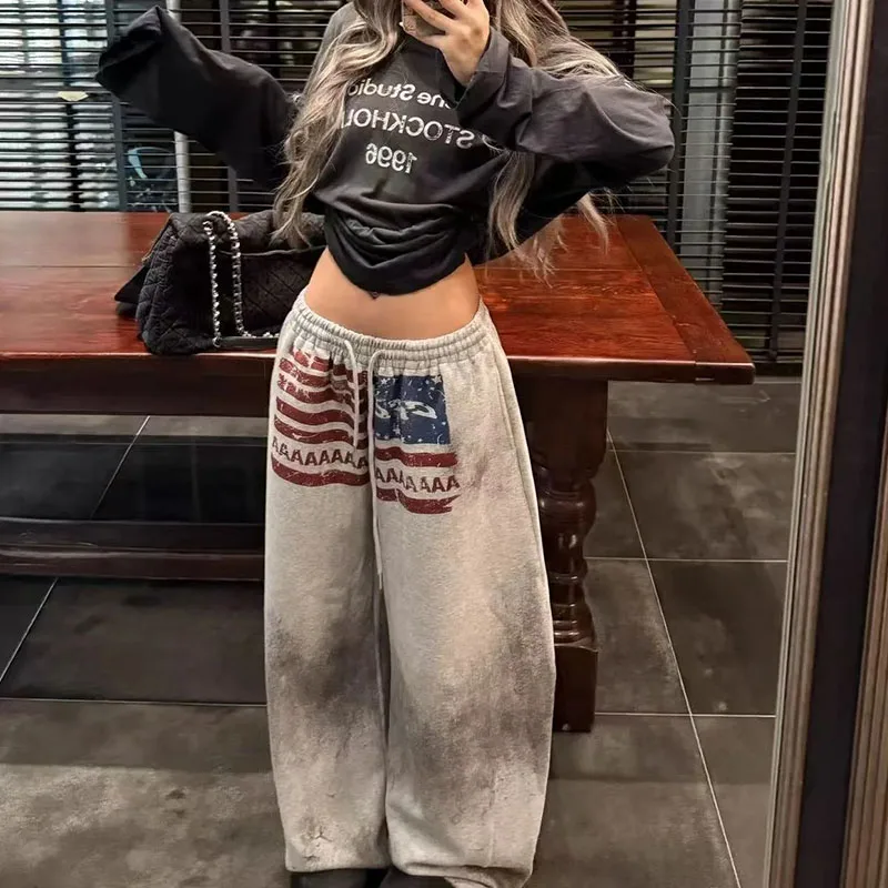 Fashion Street Trend Straight Trousers American Dirty Dyed Creative Make Old Print Loose Pants Hip Hop Autumn Winter Y2K Slacks