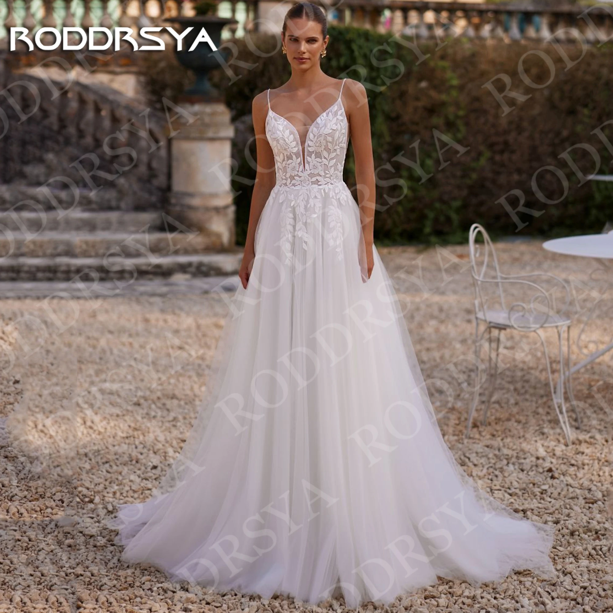 

RODDRSYA Wedding Dresses Bride Spaghetti Strap Boho Lace V Neck A Line Tulle Open Back Bridal Dress Appliques Women Customized