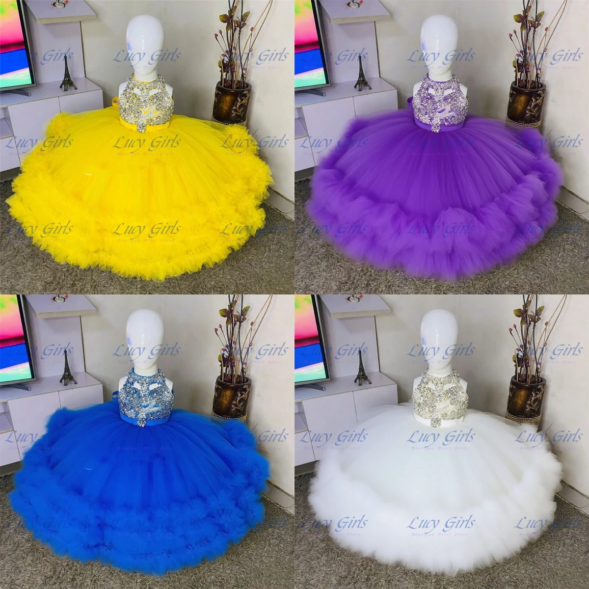 

Lovely Quality Layering Flower Girl Dress Sleeveless Tulle Fluffy for Wedding Ball Dresses Kids Birthday Party Evening Gowns