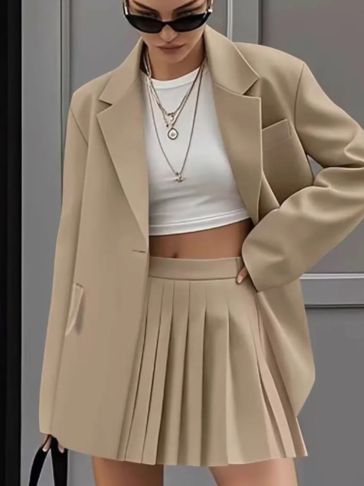 Frauen Neue Mode Lässig Zwei-Stück Sets Falten Rock Anzüge Frauen Frühling Herbst Büro Damen Solide Anzug Mantel und Rock Set