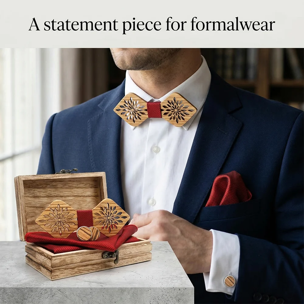 Wooden Bowtie Kit Handkerchief Cufflinks Tie Clip Wood Box - Quality Wood Handkerchief Set For Formal Dinner Party Wear Mens