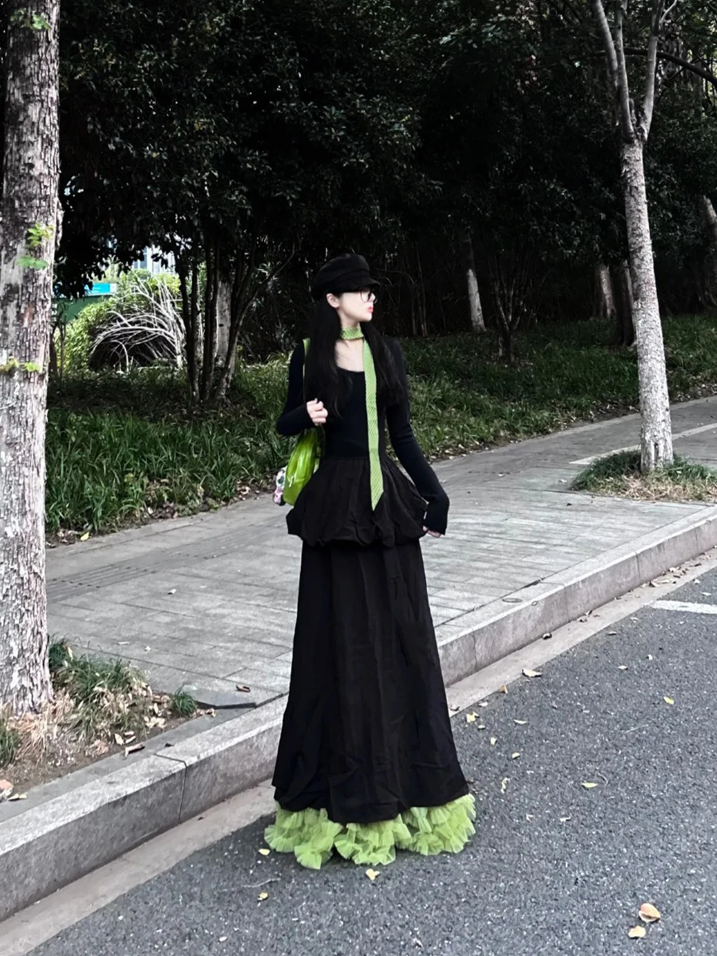 

Black Long Sleeve Women's Dress Keni plus Size Floral Print High Waist A-Line Silhouette Commute Style Korean Fashion