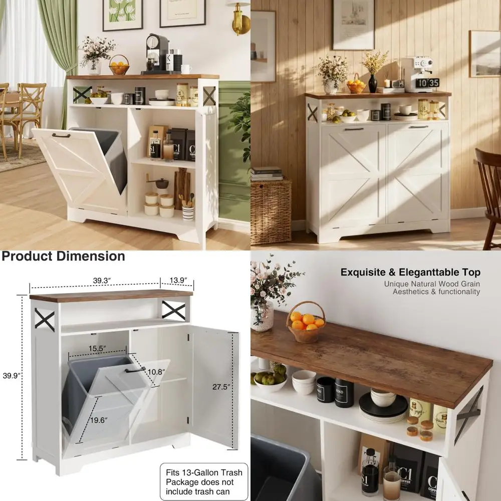 

Adjustable Farmhouse Style Kitchen Island Cabinet for 13-Inch 1-Gallon Trash Can with Hidden Laundry Storage Solution