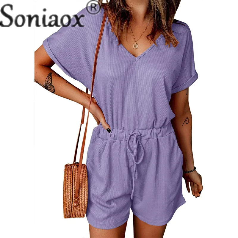 2023 Summer Bat Sleeve V Neck Jumpsuit Shorts Female Mid-waist Lace-up Loose Rompers Women's Daily Commuter Comfortable Bodysuit