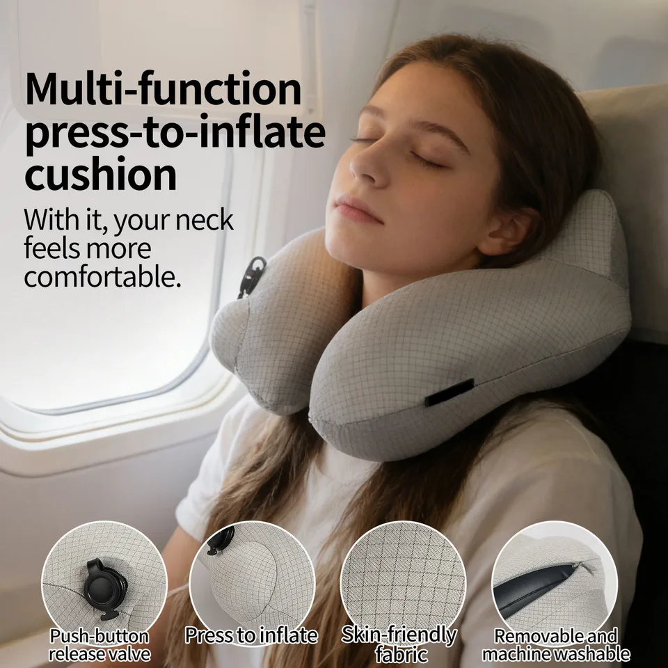 Press-type Automatic U-shape Inflatable Pillow Outdoor Travel Airplane Neck Support Portable Roma Fabric 200TC