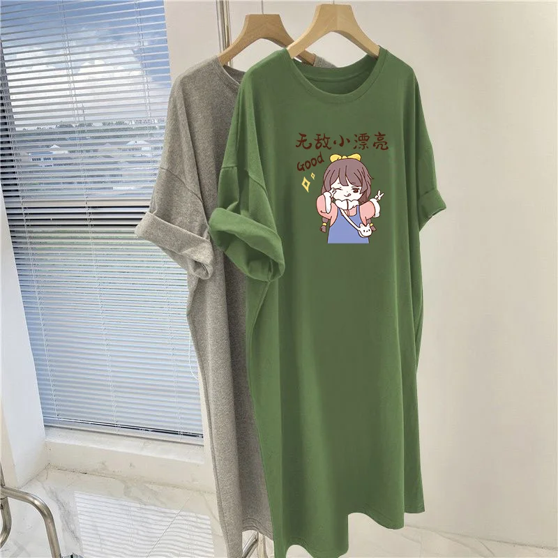 

Summer Cartoon Printed Short Sleeve Dresses, Women Clothing Vintage O-neck Straight Dress, Loose Casual Knee Length Tunic