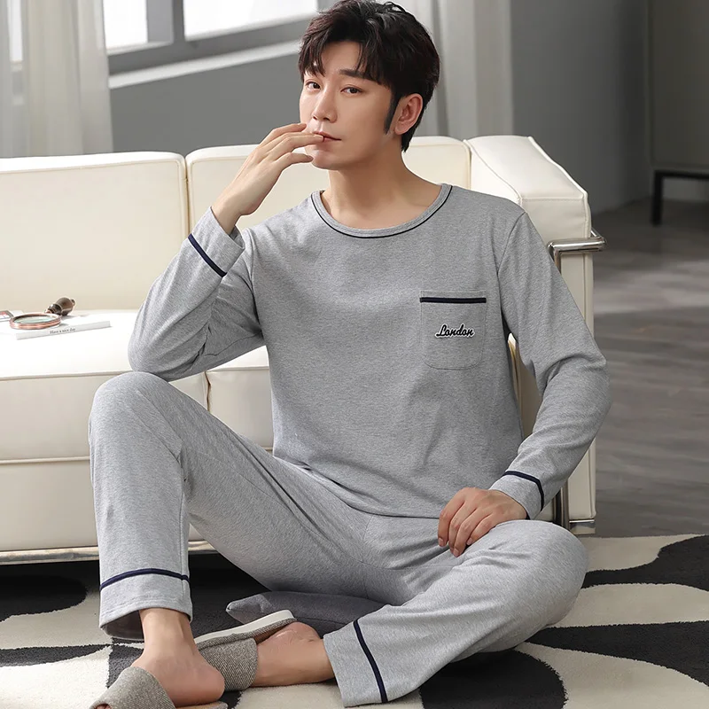 New Arrival Spring Men Pajamas Long Sleeve Male Pajama Set Men Knited Cotton Pajamas For Men Sleepwear Suit homewear 4XL