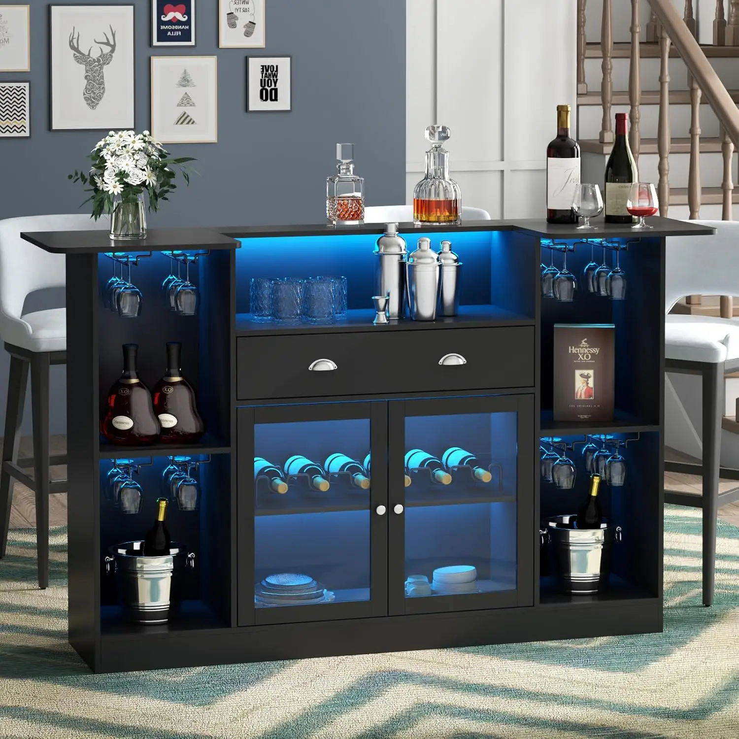 

Bar Table Cabinet with LED & Drawer, Mini Liquor Bar with 8-Tier Storage & Stemware Holder, Crescent Shaped Counter for Home Pub