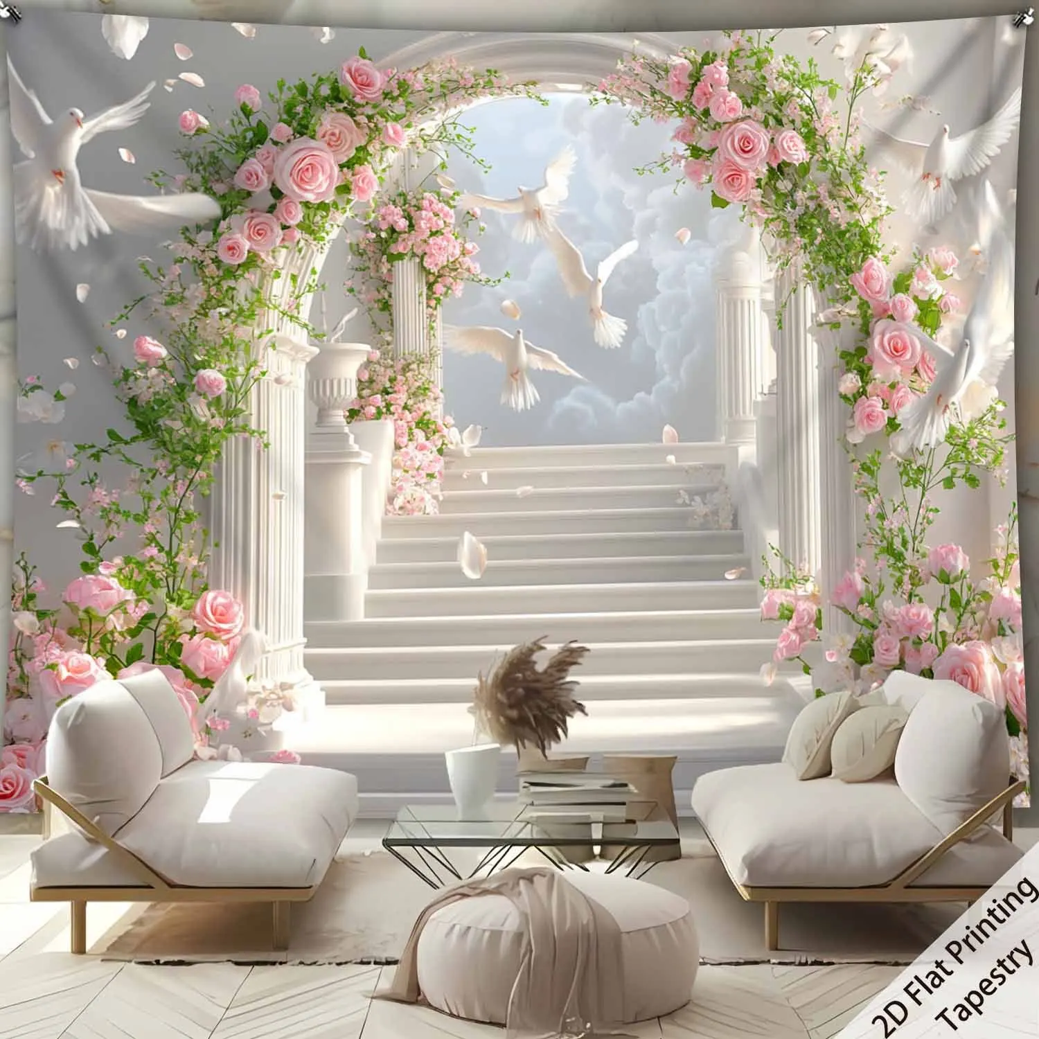 Romantic Rose Arch White Doves Stairs Classical Columns Wall Tapestry Wedding Decor Home Interior Art Living Room Decoration