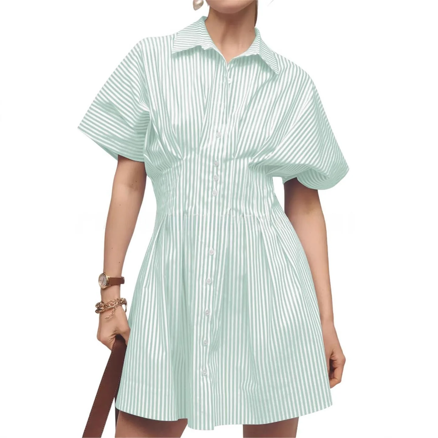 2025 nouvelle rayure multi-bleu plissé ket minceur lâche irt Dr européen Sle ort Sve femmes Faion minceur