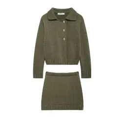 Fashion Knitted Cardigan Mini Skirt Sets Women Green Long Sleeve Single-breasted Sweater 2 Piece Set Lady All-matching Outfit