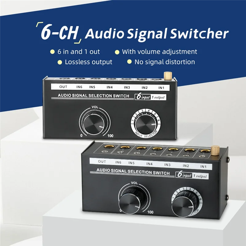 

LBER Audio Switcher -6-Way 3.5/6.35Mm Stereo Audio Switch - Signal Source Switcher Selector Splitter Box With Line Controller