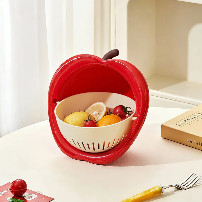 Zwei-in-Eins Niedlicher Fruchtförmiger Abtropfkorb, Doppelschichtiger Abnehmbarer Wasserfilterkorb, Kreatives Apfel-Design, Erhältlich in Rot/Gelb/Grün, Küchenspülbecken zum Waschen von Obst und Gemüse – Detail 3