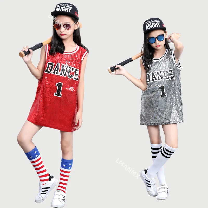 

Детская одежда для сценических танцев, Детский костюм в стиле хип-хоп для джазовых танцев, современное платье с блестками, одежда для девочек, носки для чарлидинга