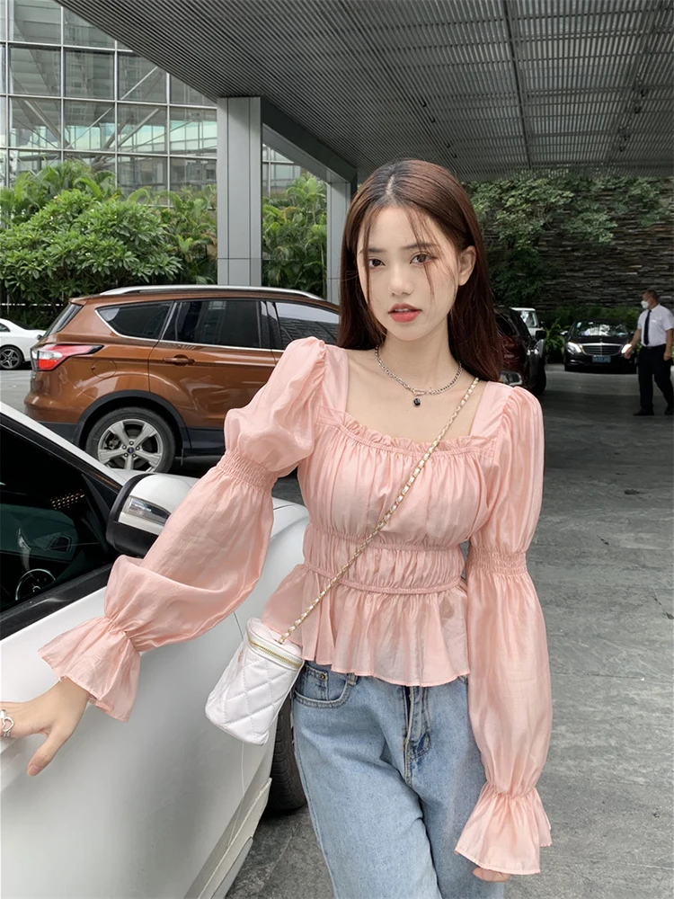 Korean Fashion Women Blouses Off Shoulder Slash Neck Elastic Blouse Female Long Sleeve Sweet Style Shirt Top Mujer