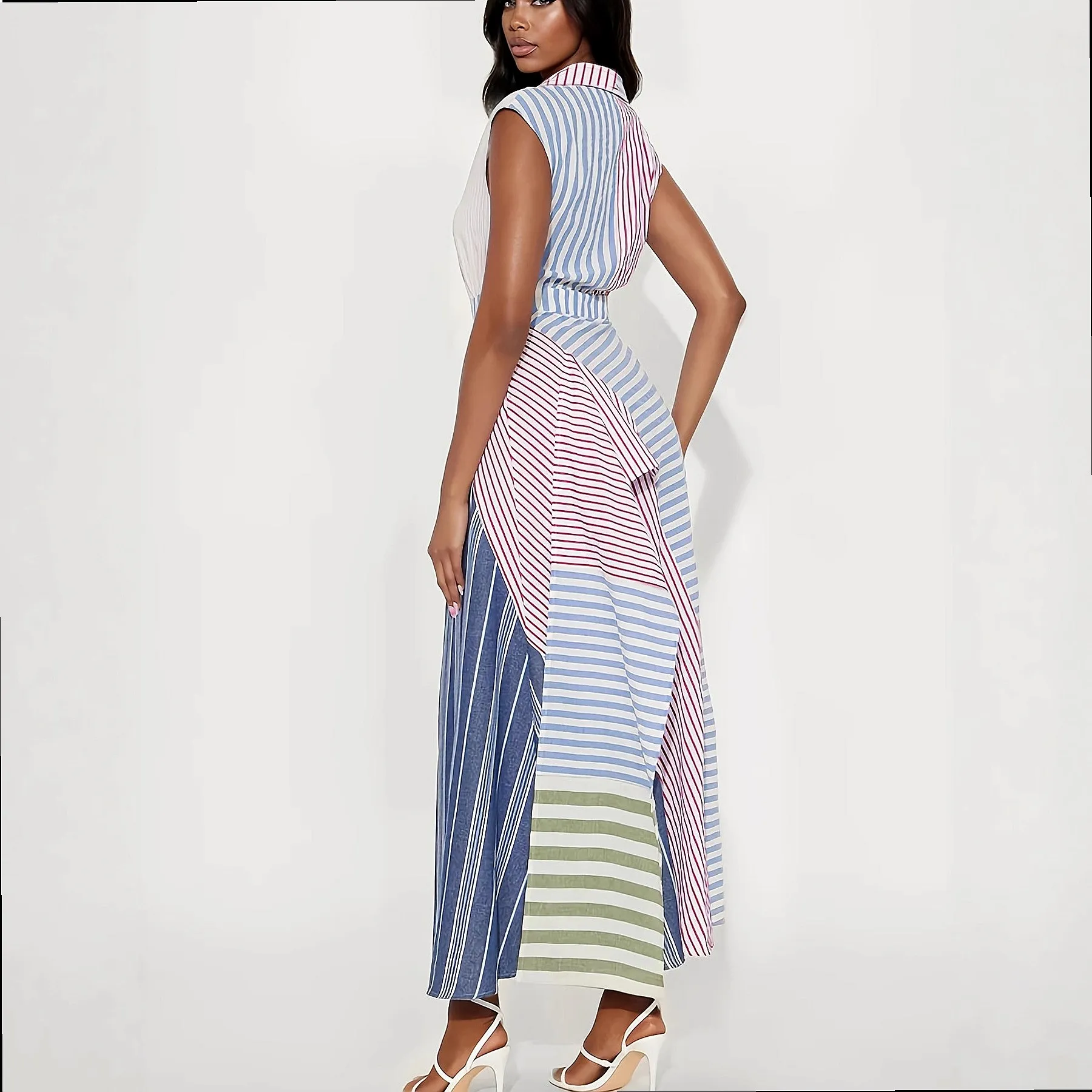 Striped V-neck Dress Irregular A-line Long Dress Women's Contrast Color Patchwork Waist Dress Spring Summer