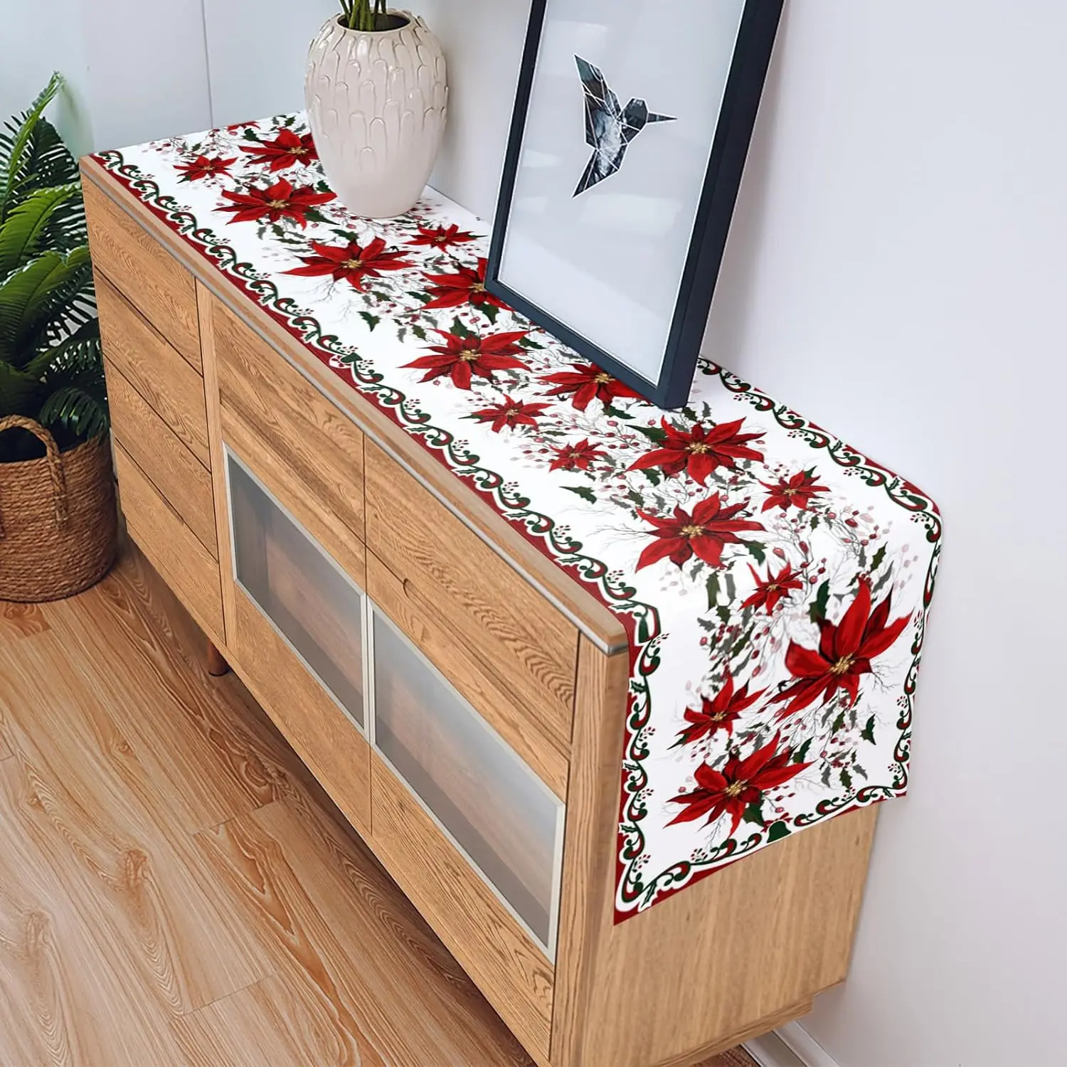 Christmas Poinsettia Flower Berry Linen Table Runner Dresser Scarves Winter Xmas Kitchen Table Runner Navidad Decorations 2025