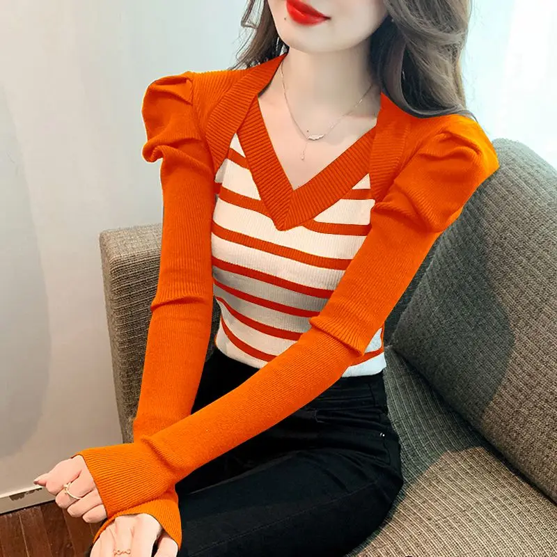 Fashion V-Neck Knitted Spliced Striped Blouses Women\'s Clothing 2023 Autumn Winter Loose All-match Tops Puff Sleeve Shirts