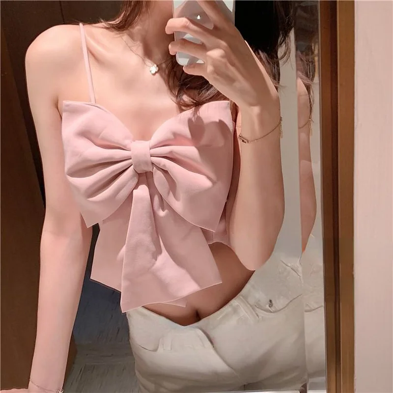 Camis Women Bow Design Sweet Streetwear Fashion Sexy Kawaii All-match Girlish Popular Vacation Casual Cozy Crop Top Youth Y2K